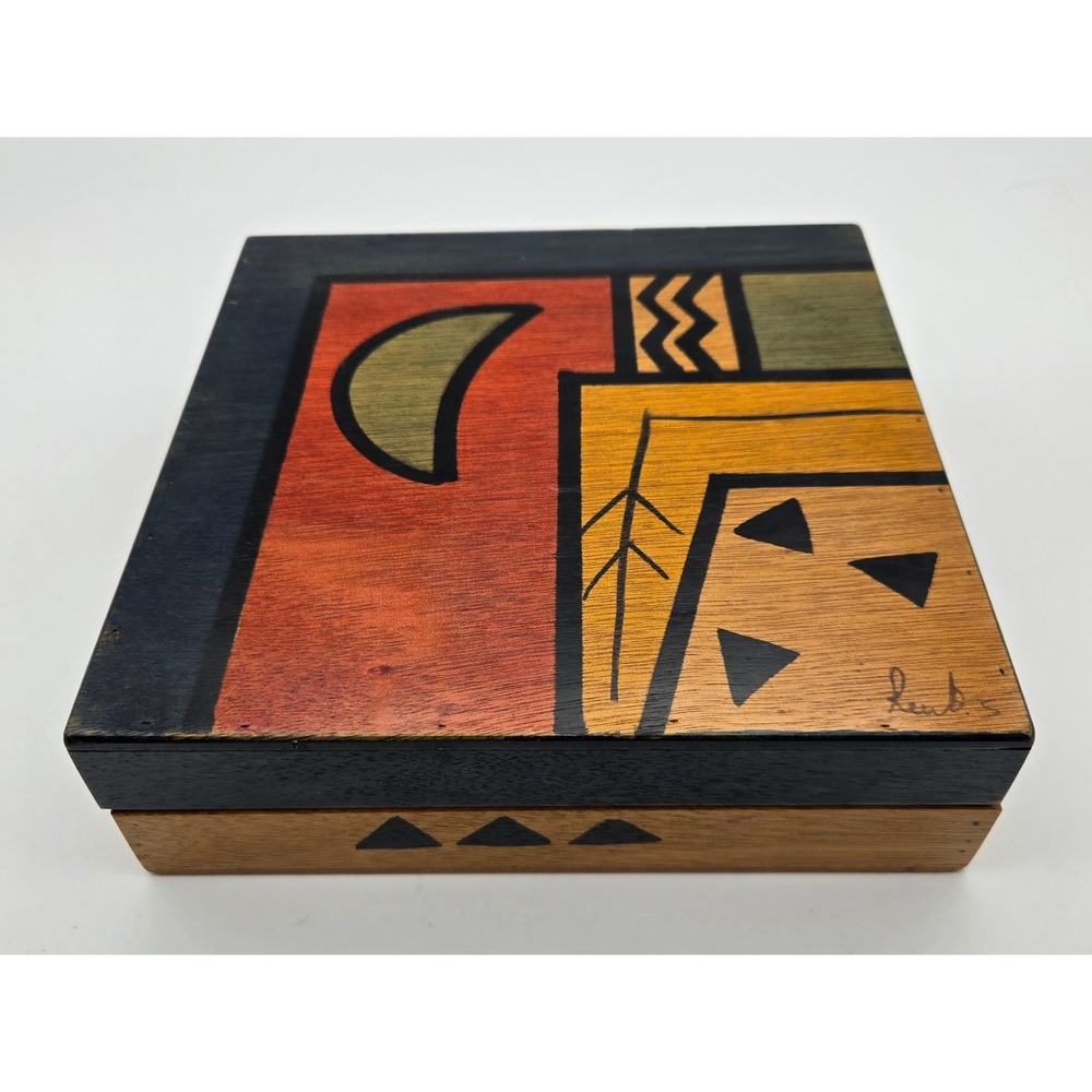 Kakadu Ad Tech Wooden Box Hand Painted Abstract Art Tribal Geometric Hinged Lid